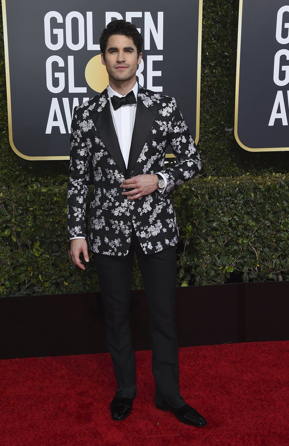 Andy Samberg and Joanna Newson on the red carpet at the Golden Globes 2019Darren Criss