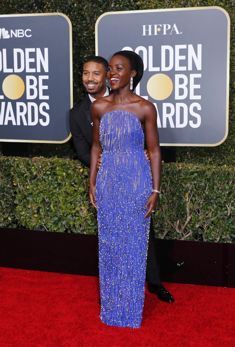 Michael B. Jordan and Lupita Nyong'o at the Golden Globes 2019 red carpet