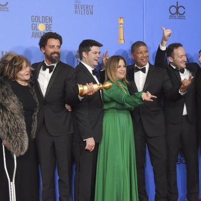 The crew of 'Spider-Man: Into the Spider-Verse' poses with their Golden Globe