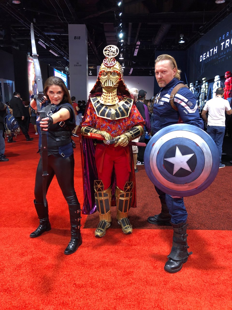 Fans dressed up as Hawkeye, Darth Vader and Captain America