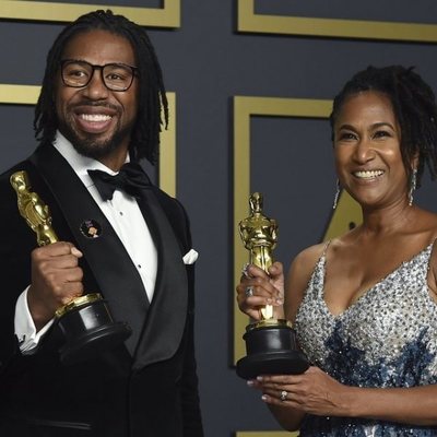 Matthew A. Cherry and Karen Rupert Toliver with their Oscar for Best Animated Short Film