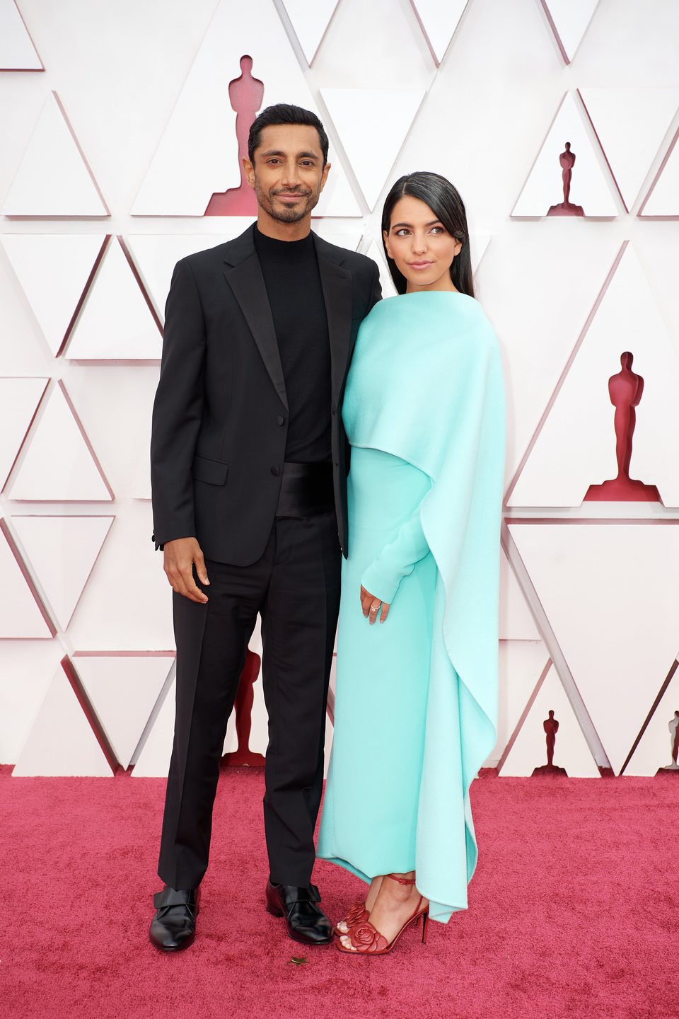 Riz Ahmed and Fatima Farheen Mirza at the Oscars 2021 red carpet