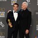 Colin Farrell and Martin MacDonagh pose as winners at the Golden Globes 2023