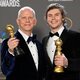 Ryan Murphy and Evan Peters pose with their Golden Globes 2023