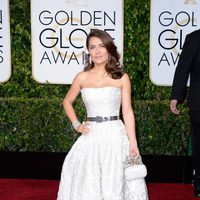 Salma Hayek at the Golden Globes 2015 red carpet