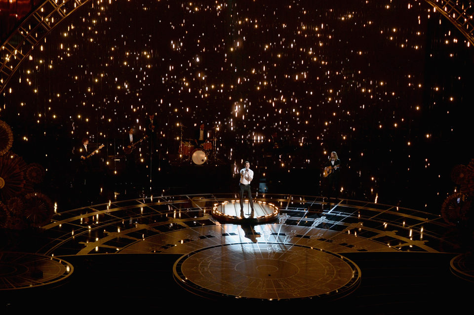 Adam Levine performing 'Lost Stars' at the Dolby Theatre