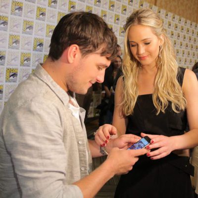 Jennifer Lawrence and Josh Hutcherson joking at Comic-Con 2015