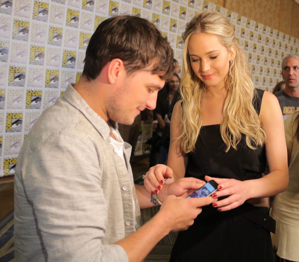 Jennifer Lawrence and Josh Hutcherson joking at Comic-Con 2015