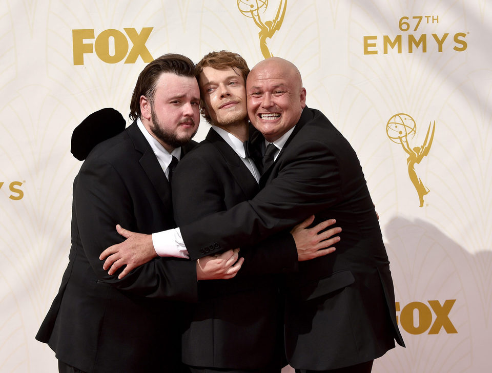 John Bradley-West, Alfie Allen and Conleth Hill before the 2015 Emmys