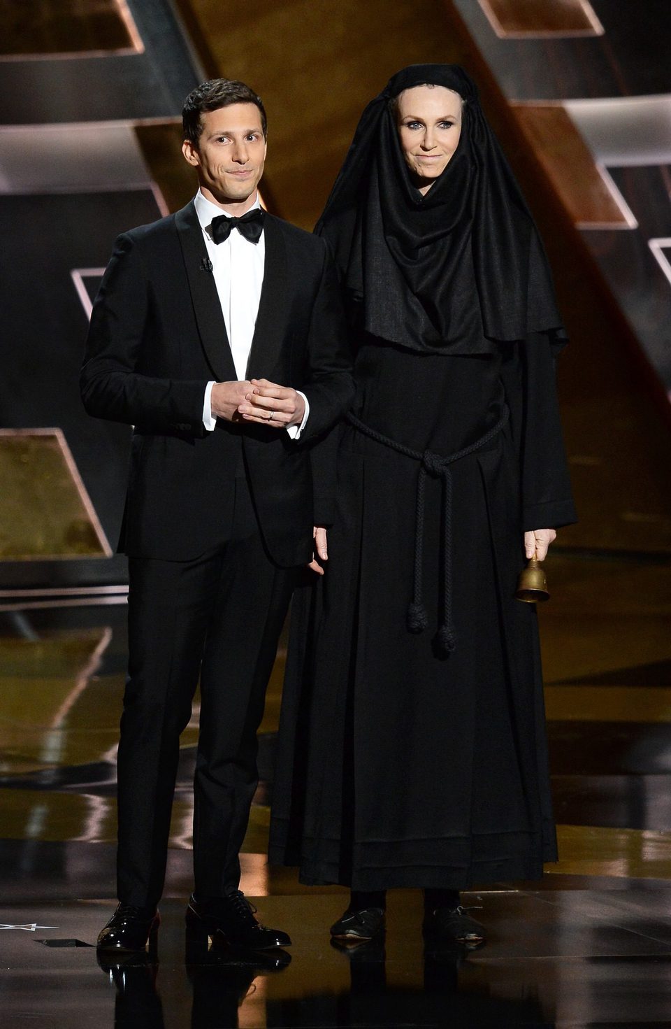 Andy Samberg and Jane Lynch at the 2015 Emmy Awards