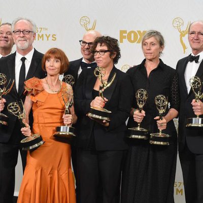 The 'Olive Kitteridge' team posing with their 2015 Emmy Awards