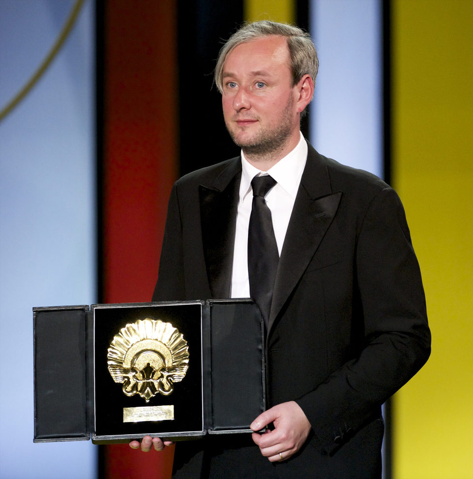 Runar Runarsson receives the Golden Shell for Best Film for 'Sparrows' during the closing ceremony of 63rd San Sebastian Film Festival 