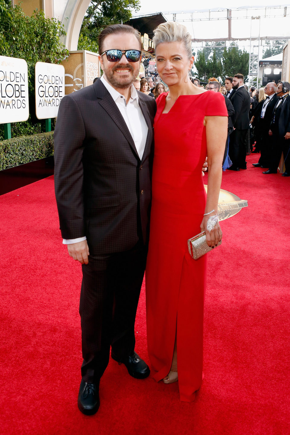 Ricky Gervais and Jane Fallon at the 2016 Golden Globes red carpet