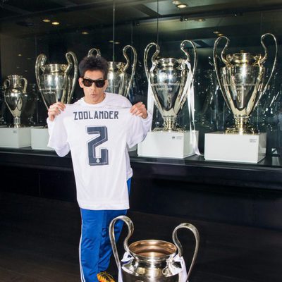 Derek Zoolander poses next to Real Madrid's trophies 