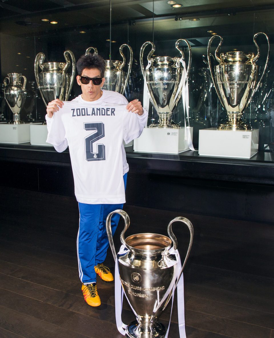 Derek Zoolander poses next to Real Madrid's trophies 