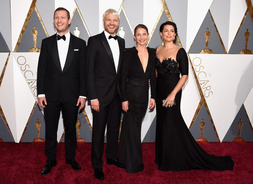 Tobias Lindholm, Pilou Asbaek, Tuva Novotny and Caroline Blanco at the Oscars 2016 red carpet