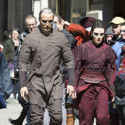 Mads Mikkelsen with one of his castmates at the 'Doctor Strange' New York set