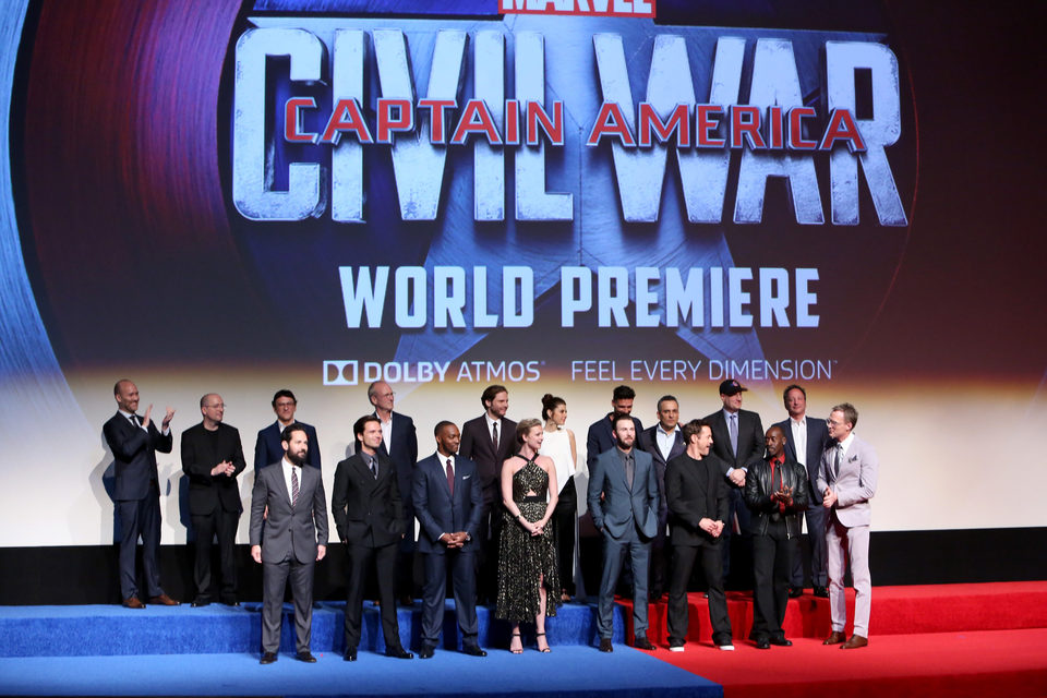 Part of the main cast of 'Captain America: Civil War' poses together in its World premiere