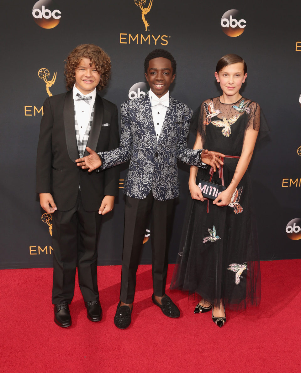 Gaten Matarazzo, Caleb McLaughlin and Millie Bobby Brown at the Emmys 2016 red carpet