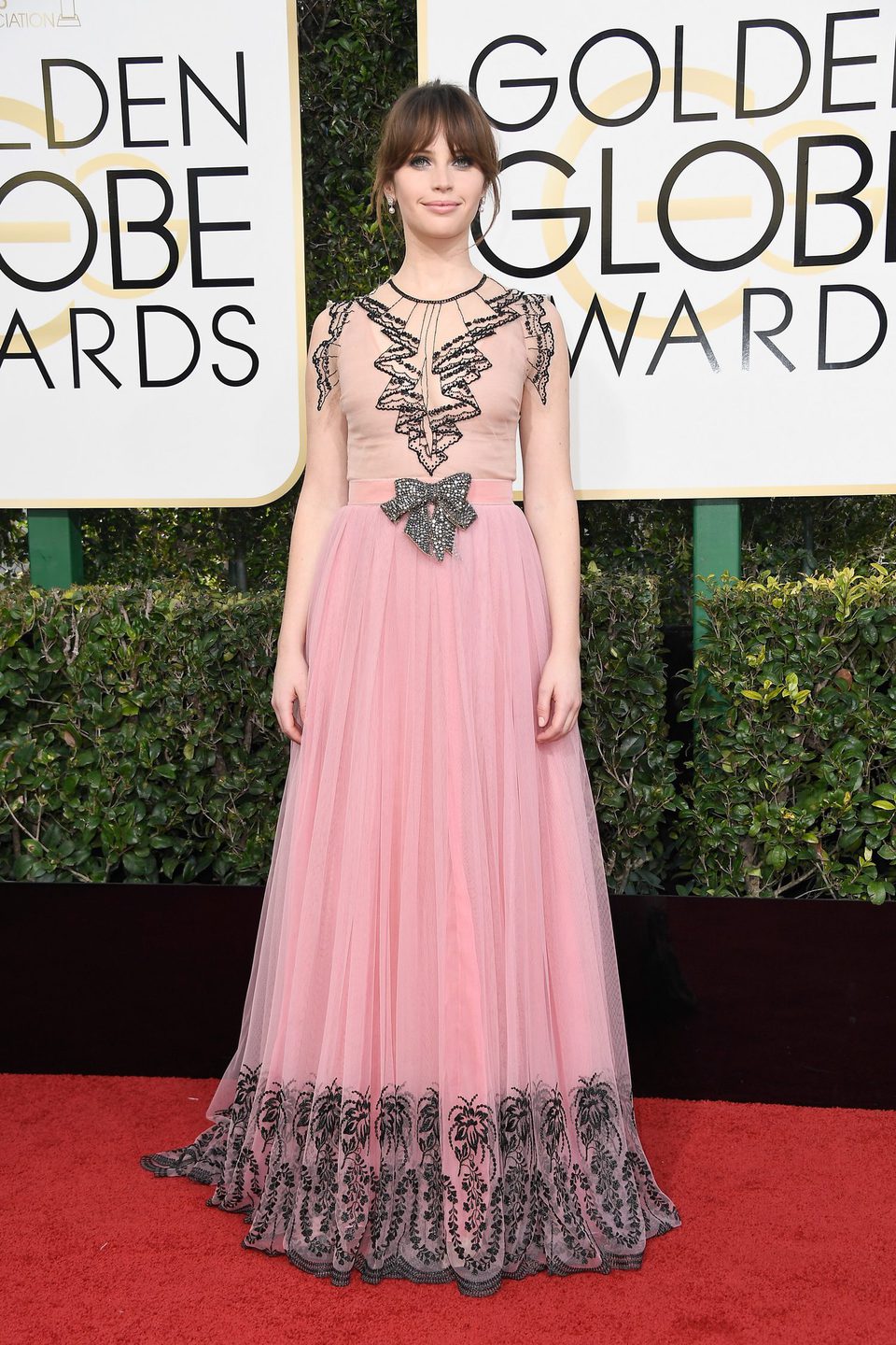 Felicity Jones at Golden Globes 2017 red carpet