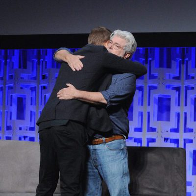 Hayden Christensen hugs George Lucas in the Star Wars Celebration