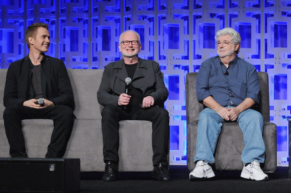 Hayden Christensen, Ian McDiarmid and George Lucas in the Star Wars Celebration