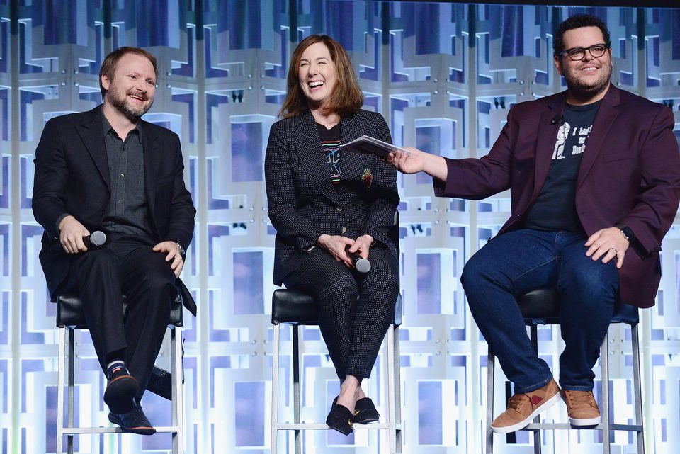 Ryan Johnson, Kathleen Kennedy and Josh Gad at the panel of 'The last Jedi' in the Star Wars Celebration