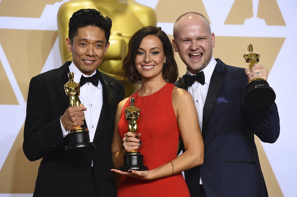 Kazuhiro Tsuji, Lucy Sibbick and David Malinowski, Oscars winners for Best Makeup And Hairstyling for 'Darkest Hour'