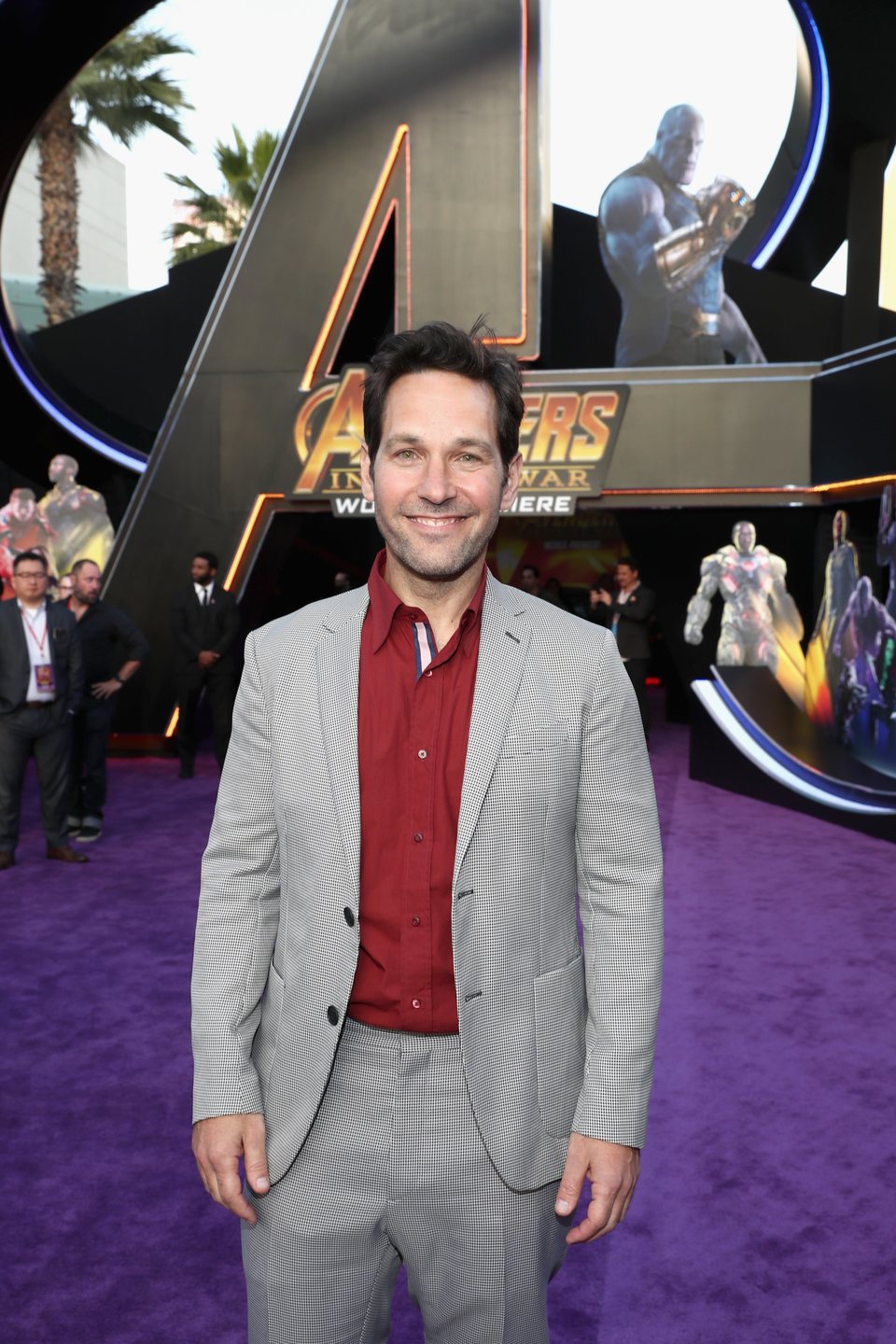 Paul Rudd poses on the purple carpet at the world premiere of 'Avengers: Infinity War'