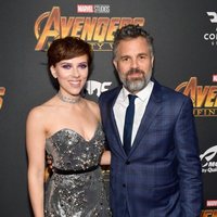 Scarlett Johansson & Mark Ruffalo pose on the purple carpet at the world premiere of 'Avengers: Infinity War'