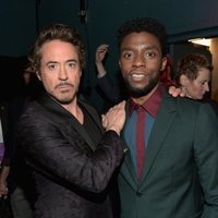 Robert Downey Jr. & Chadwick Boseman pose on the purple carpet at the world premiere of 'Avengers: Infinity War'