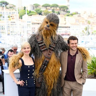 Emilia Clarke, Chewbacca and Alden Ehrenreich attend the premiere of 'Solo: A Star Wars Story' during the 71st Cannes Film Festival