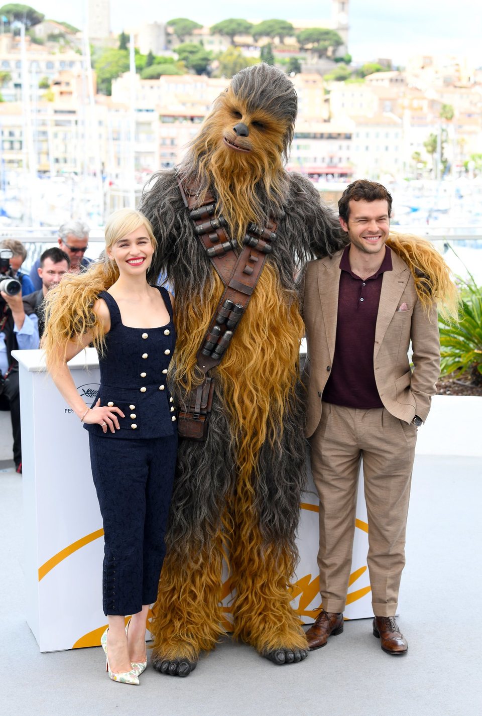 Emilia Clarke, Chewbacca and Alden Ehrenreich attend the premiere of 'Solo: A Star Wars Story' during the 71st Cannes Film Festival